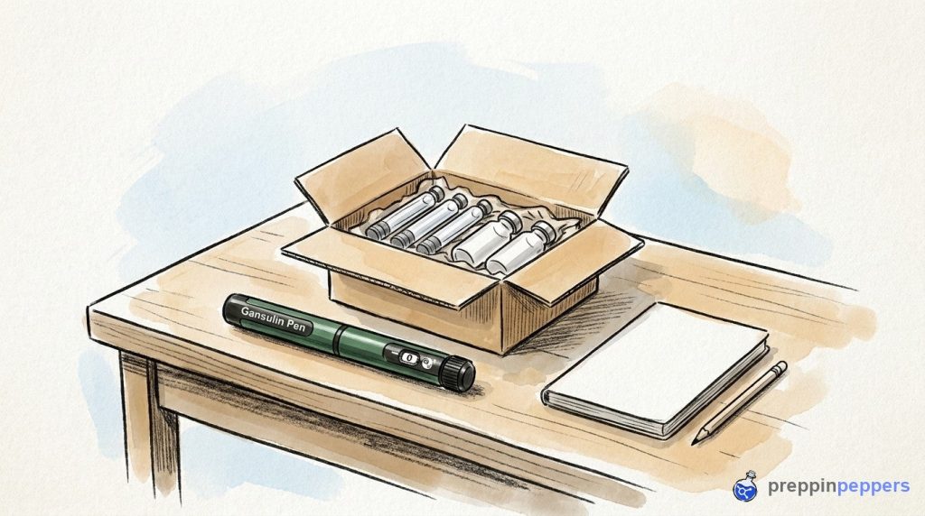 A dark-green Gansulin pen next to an open shipping box containing glass cartridges and unlabeled vials on a lab bench.