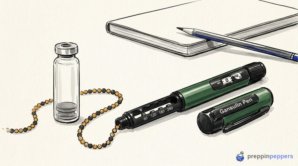 An uncapped Gansulin pen, its cap, a plain unlabeled glass vial, and a beaded chain on a lab bench.