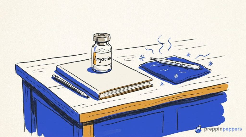 An Amycretin vial on a closed notebook next to a thermometer resting on an ice pack on a lab bench.
