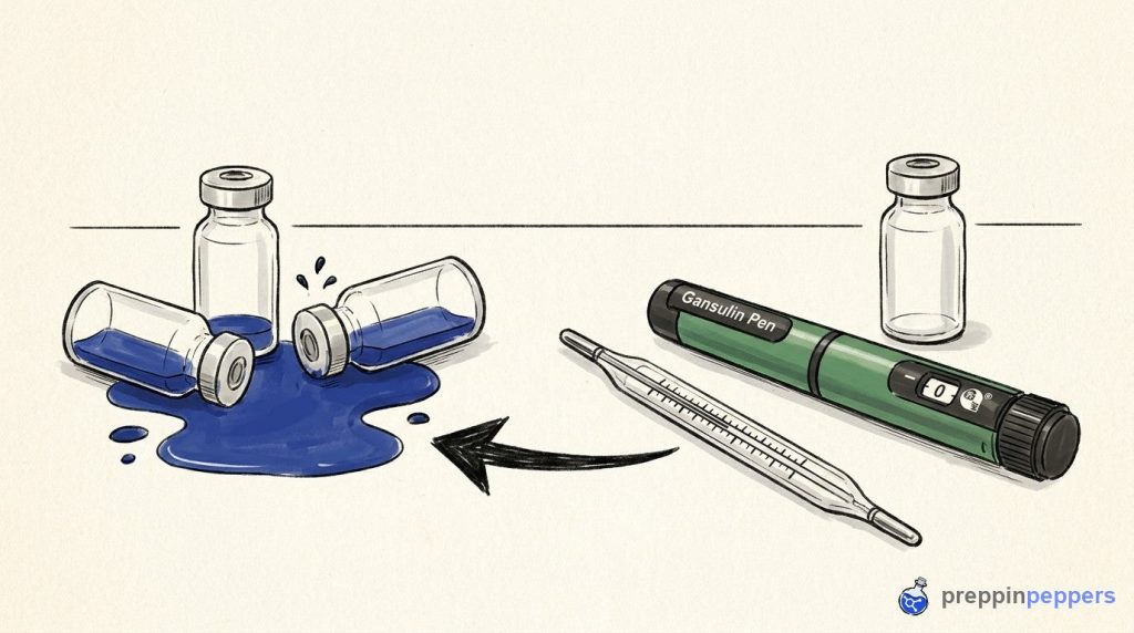 An uncapped Gansulin pen on a bench next to tipped-over, wasted unlabeled vials and a thermometer.