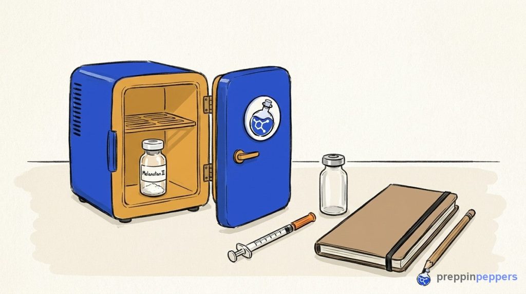 A lab mini-fridge containing a Melanotan II vial next to a syringe and unlabeled vial on a bench.