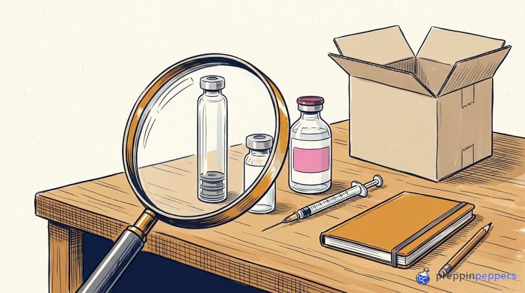 Ink-and-wash illustration of lab vials, a cartridge, a syringe, and a magnifying glass on a bench.