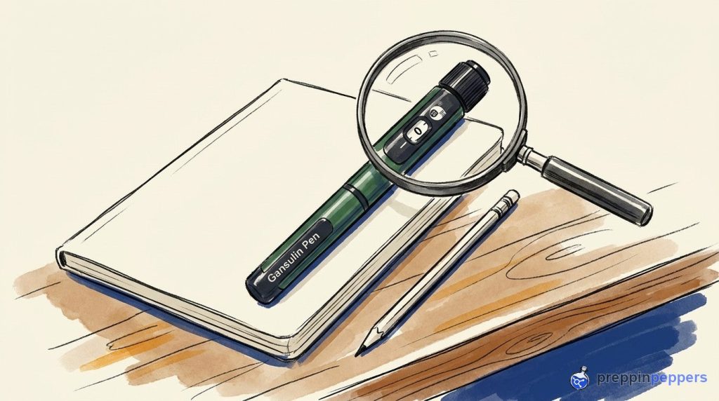 A magnifying glass focuses on the knurled dose dial of a green Gansulin pen resting on a lab notebook.