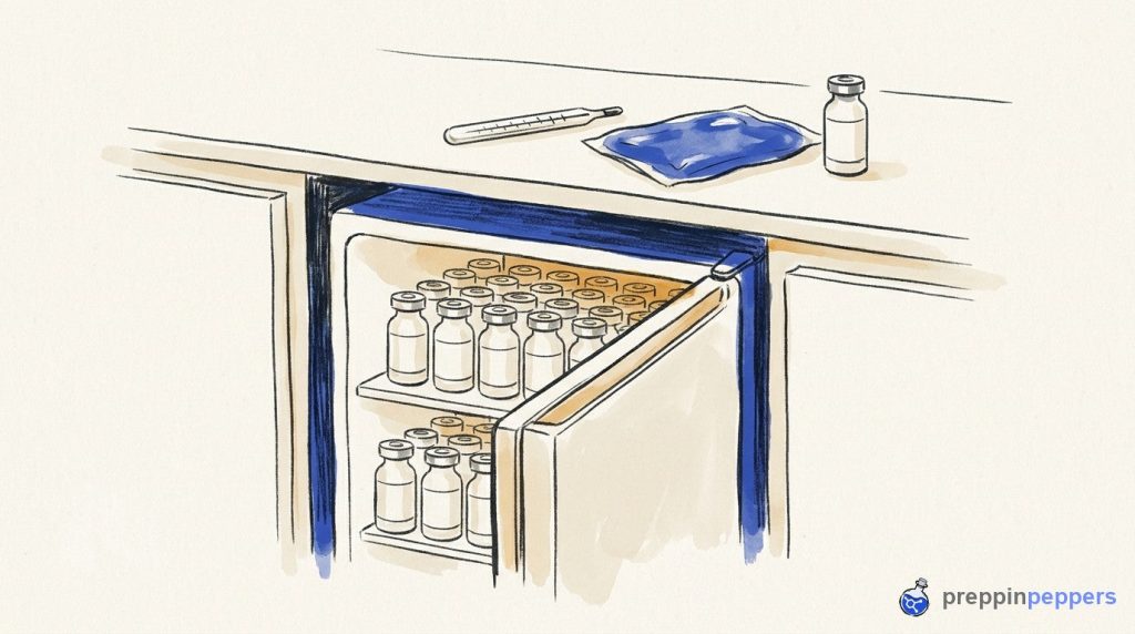 A small lab fridge, a thermometer, an ice pack, and plain unlabeled glass vials on a lab bench.