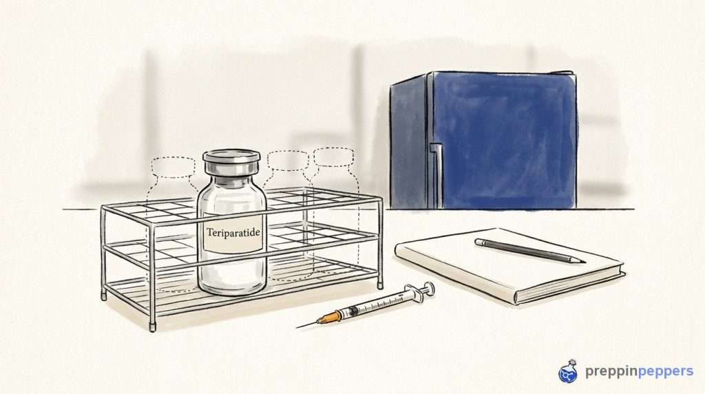 A Teriparatide vial in a wire rack on a lab bench next to an insulin syringe, with a lab fridge in the background.