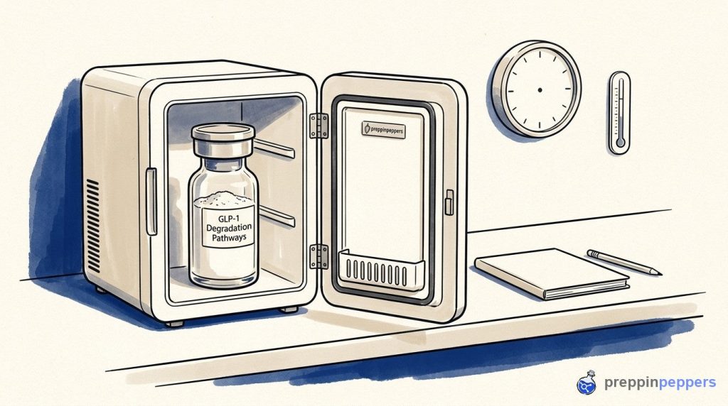 A lab mini-fridge holding a GLP-1 vial sits next to a blank wall clock and a thermometer on a lab bench.