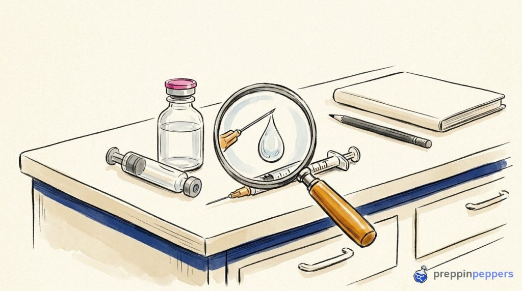 Syringe, glass cartridge, and water vial on a bench, with a magnifying glass highlighting a droplet on the needle tip.