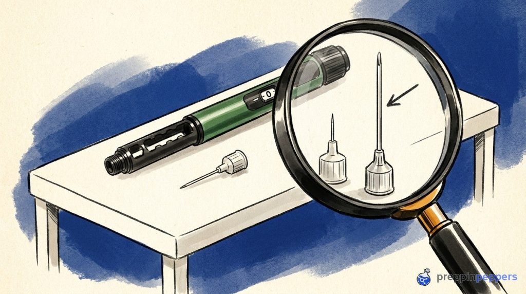 A magnifying glass compares a short and a long pen needle next to a Gansulin pen, highlighting the length difference.