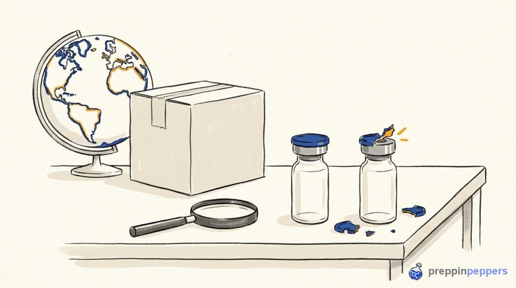 A magnifying glass, a globe, a shipping box, and two unlabeled vials, one with a torn tamper seal, on a lab bench.