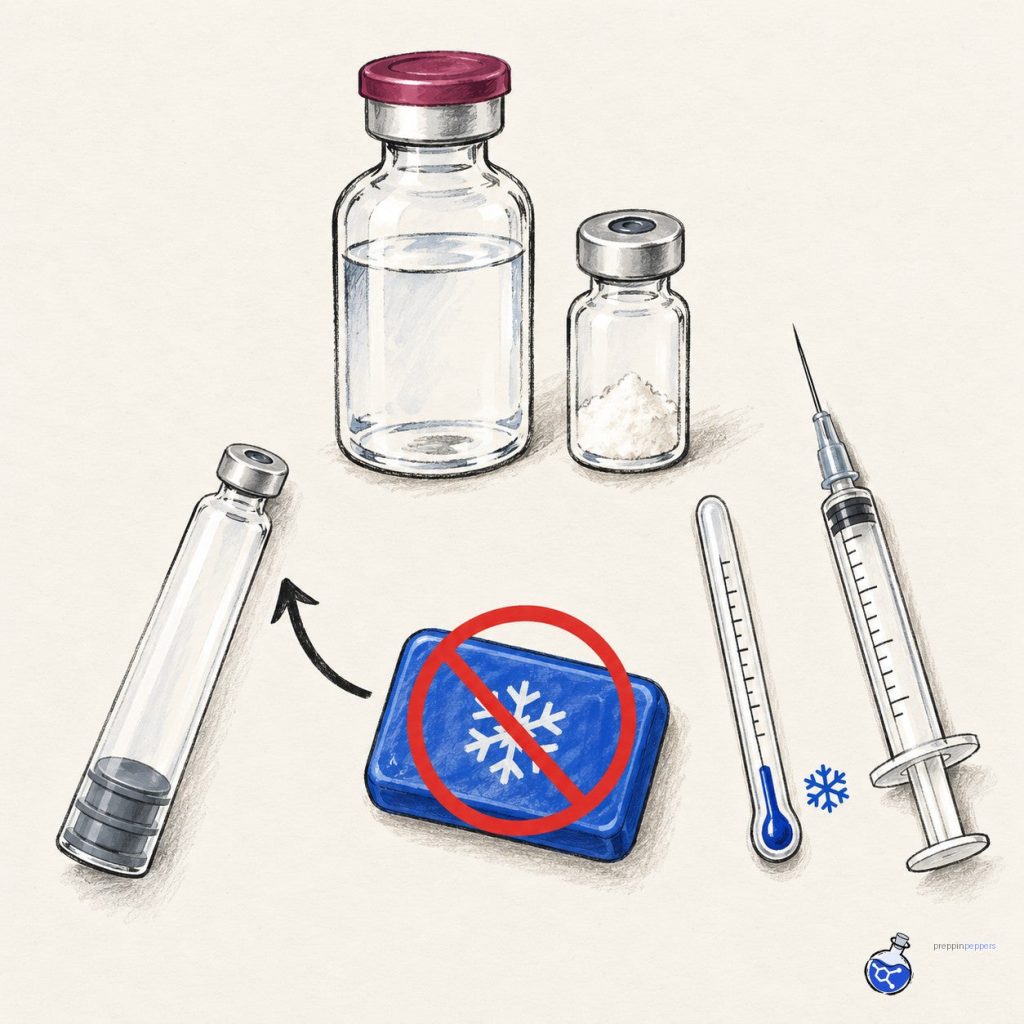 Ice pack with red slash warning against freezing reconstituted peptide solution