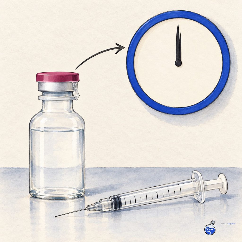 Bacteriostatic water vial with syringe beside a blank‑face wall clock, arrow linking them, torn seal indicating opened multi‑dose.