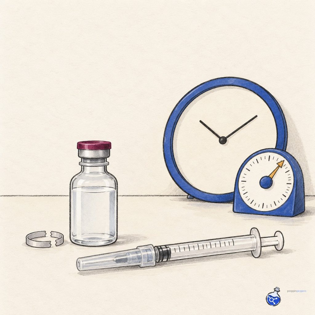 Opened bacteriostatic water vial with syringe beside a blank clock and timer indicating 28‑day limit