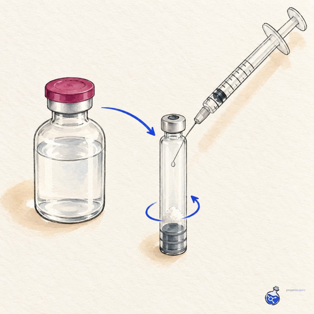Syringe delivering bacteriostatic water against side of a 3 ml cartridge, ready to swirl.