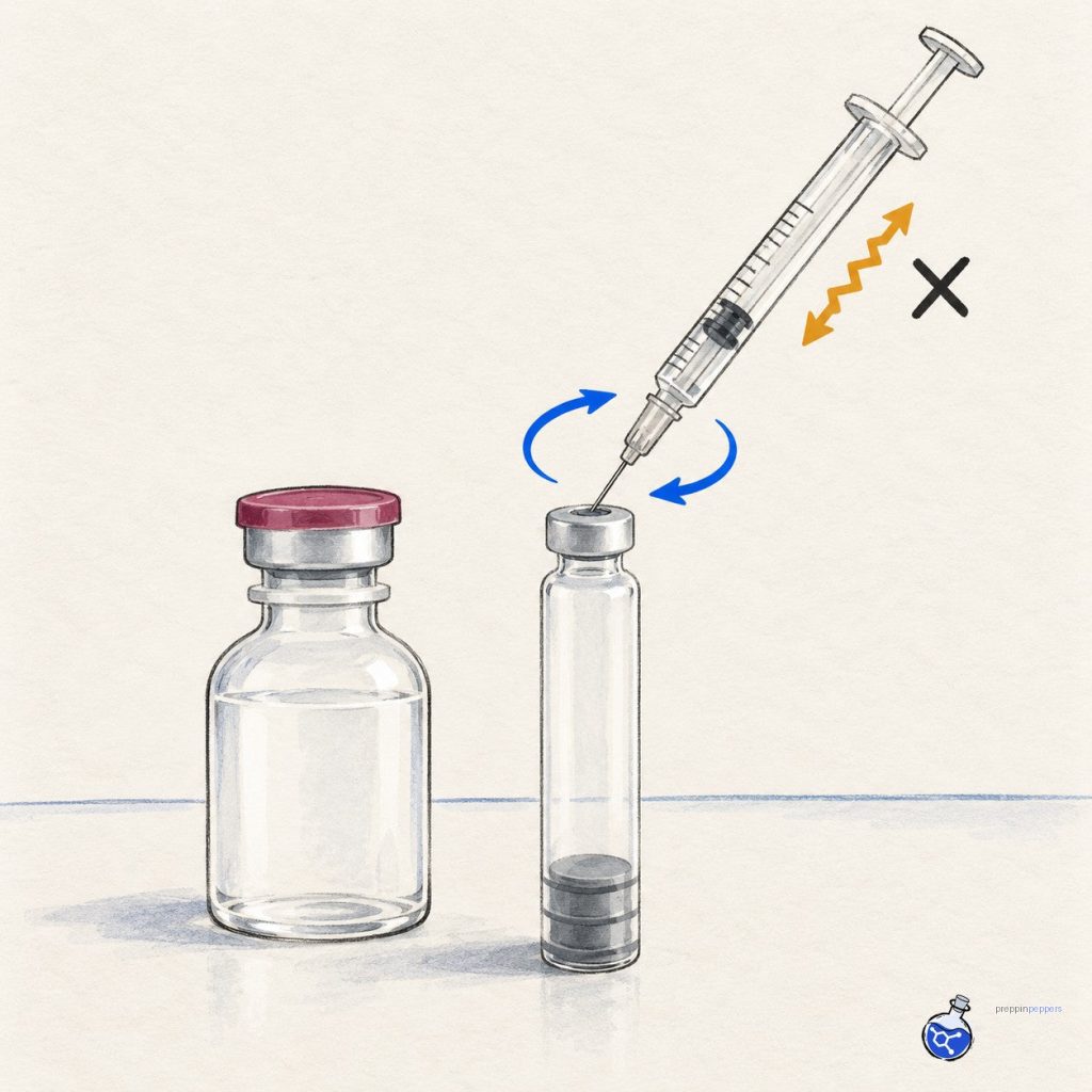 Syringe attached to cartridge with swirling arrows and a crossed‑out shaking arrow showing the mistake of shaking during peptide reconstitution.