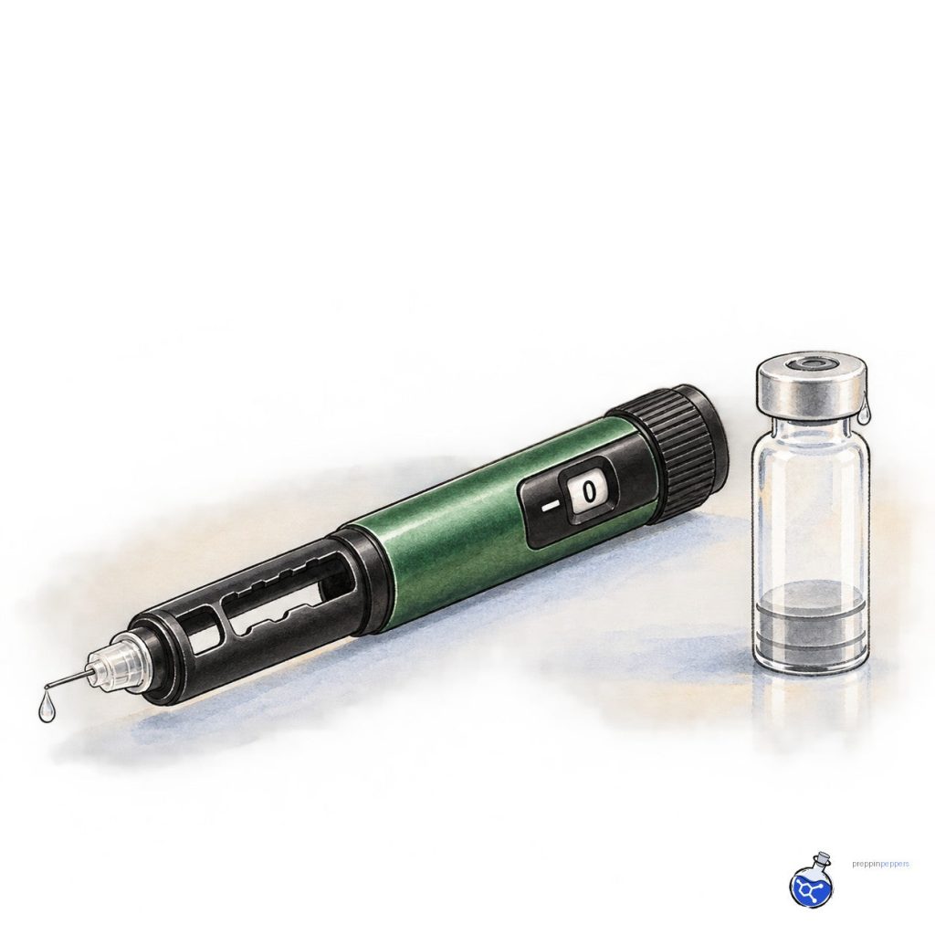 Gansulin pen uncapped with a single drop at needle tip and a nearby vial showing a stray droplet, illustrating waste from over‑priming.