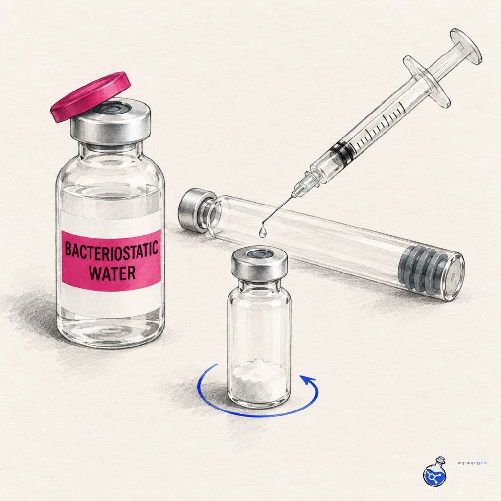 Syringe adding diluent to powder vial with arrow indicating gentle swirl