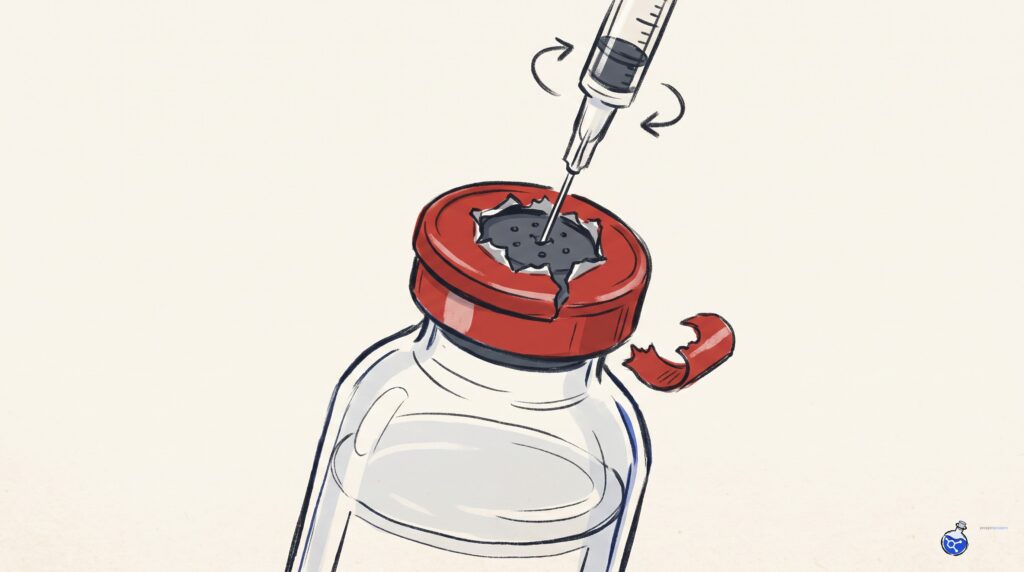 Multiple-dose bacteriostatic water vial with torn seal and syringe in the stopper, showing repeated draws from one vial