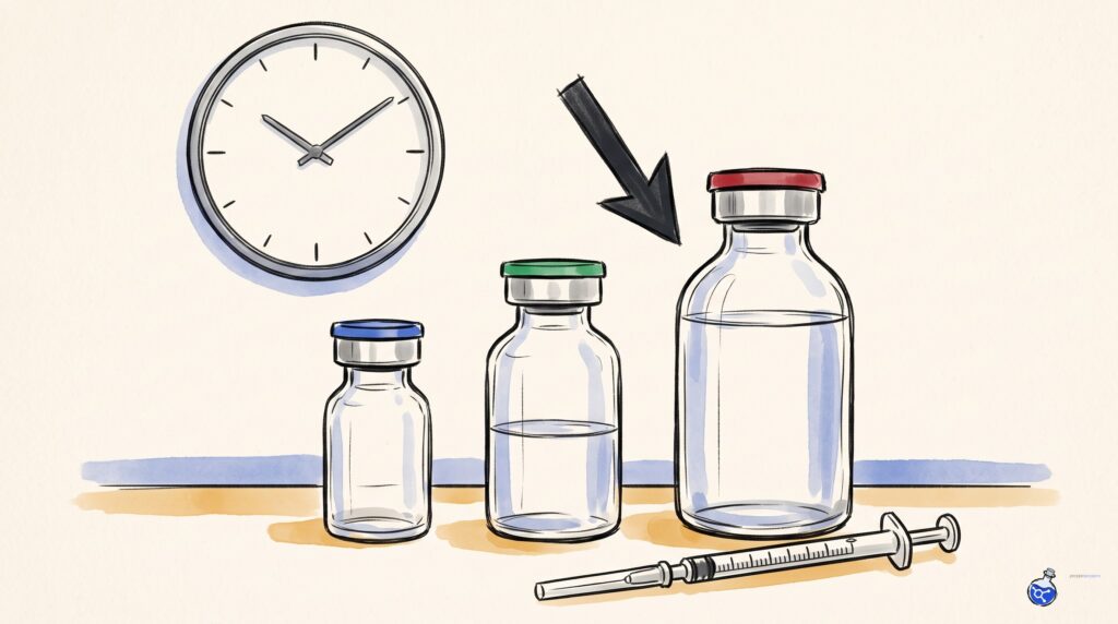 Three vials from small to large, the biggest still mostly full beside a blank clock, showing leftover water wasted after 28 days