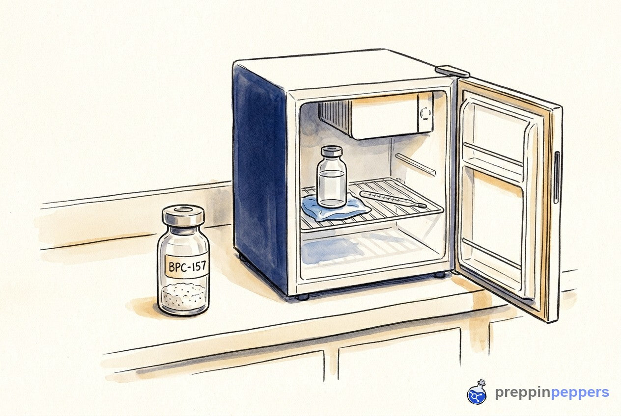 A labeled BPC-157 powder vial on a bench next to a clear liquid vial inside a small lab fridge.