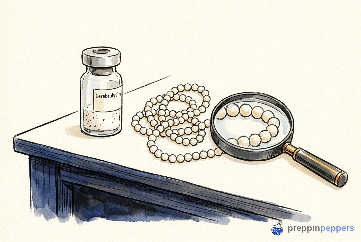 A glass vial of Cerebrolysin powder next to a neatly coiled beaded chain and a magnifying glass on a lab bench.
