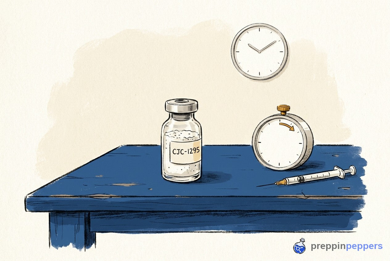 A labeled CJC-1295 vial with freeze-dried powder sits on a lab bench next to a syringe, a timer, and a blank wall clock.