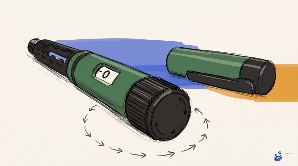 Gansulin click-dial pen close-up with arrows around the dial, one per click, showing volume set by counting clicks