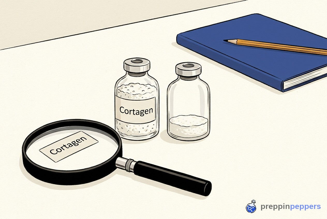 Ink-and-wash drawing of a labeled Cortagen vial next to an unlabeled vial, with a magnifying glass on a lab bench.