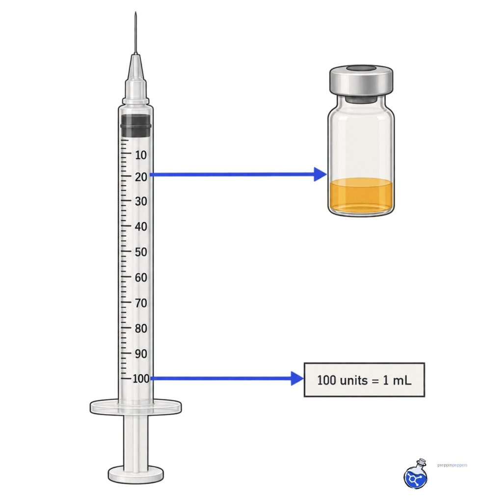 U‑100 insulin syringe showing 20‑unit tick pointing to a vial filled to about 0.2 mL, and 100‑unit tick linked to ‘100 units = 1 mL’ box.