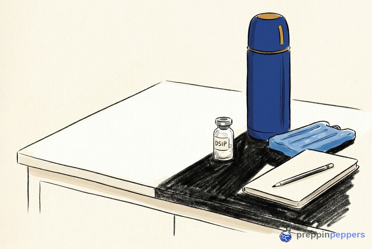 A labeled DSIP vial sits in the shadow of a thermos next to an ice pack on a lab bench.