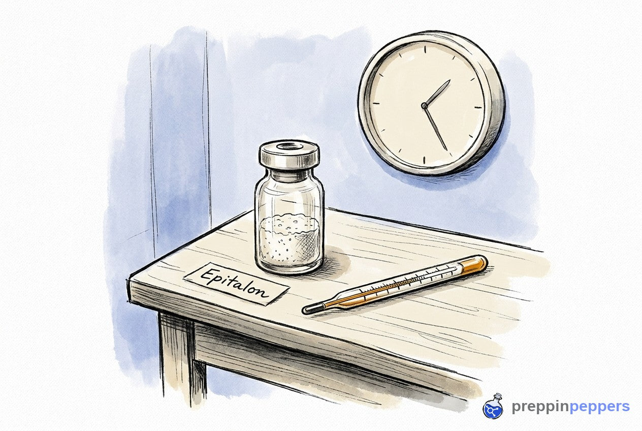 An Epitalon vial next to a thermometer on a lab bench, with a blank-faced clock on the wall.