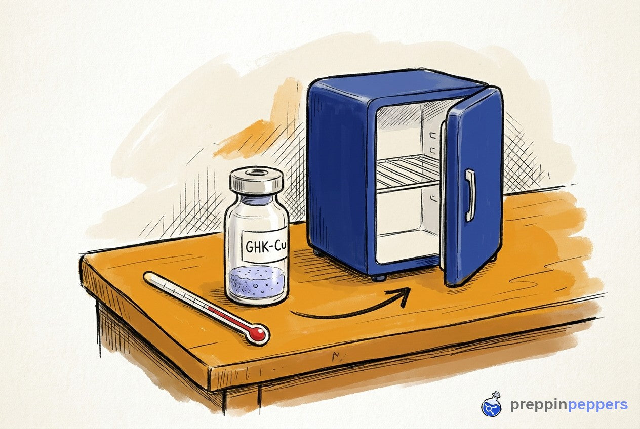 A labeled GHK-Cu vial on a lab bench next to an open small refrigerator, with an arrow pointing toward the fridge.