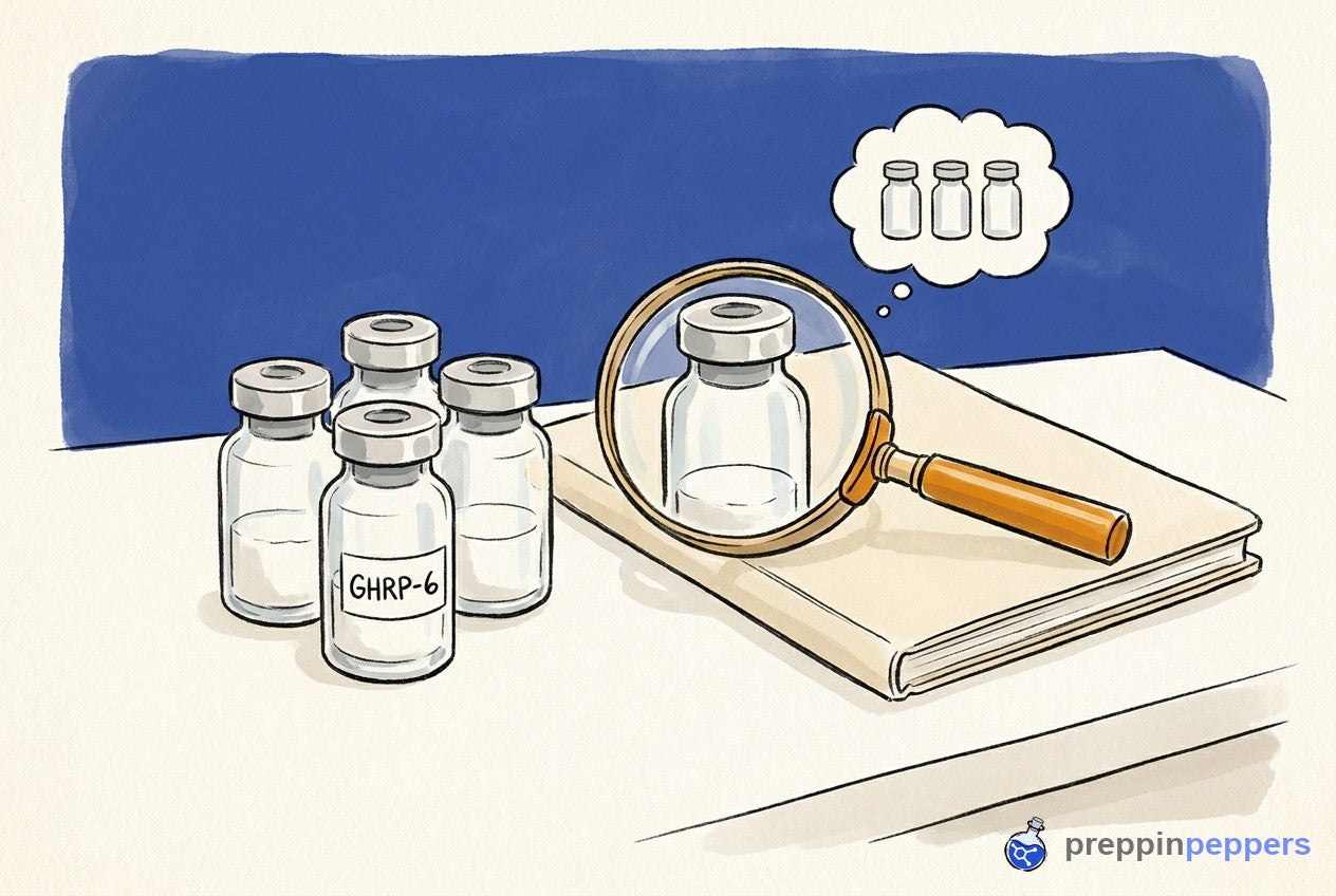 A labeled GHRP-6 vial sits next to three identical unlabeled vials on a lab bench with a magnifying glass.