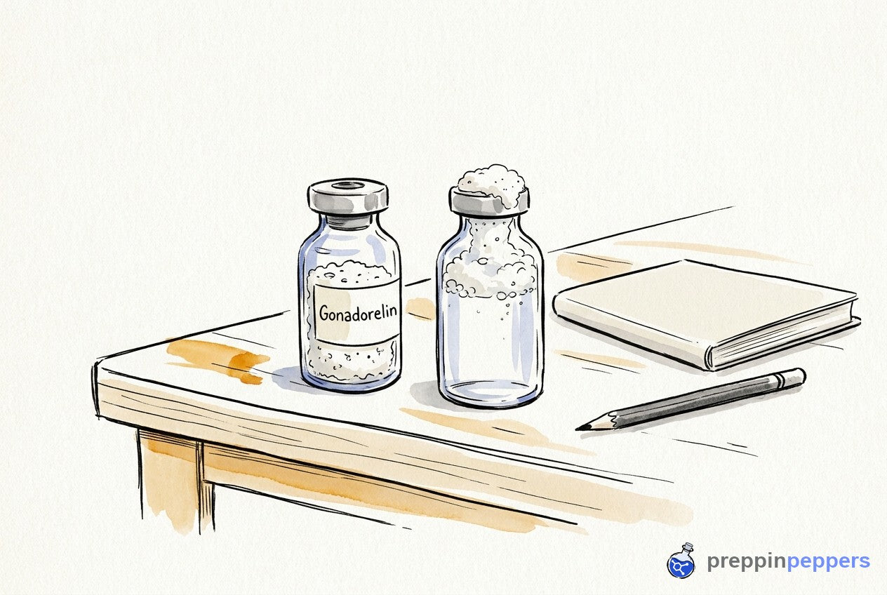 A labeled Gonadorelin vial with dry powder next to a foamy, shaken unlabeled vial on a lab bench.
