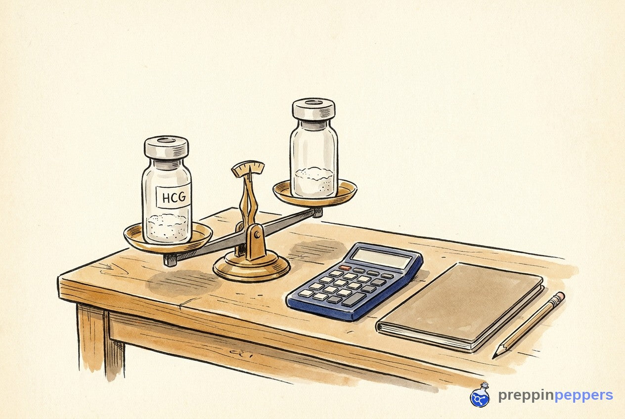 An HCG vial and an unlabeled vial on a balance scale next to a blank calculator on a lab bench.