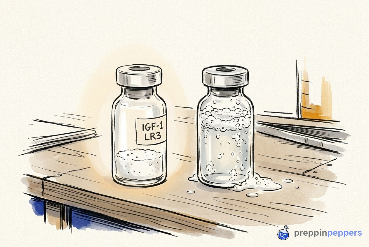 Comparison of a dry IGF-1 LR3 vial and a shaken, foaming reconstituted vial showing protein clumping.