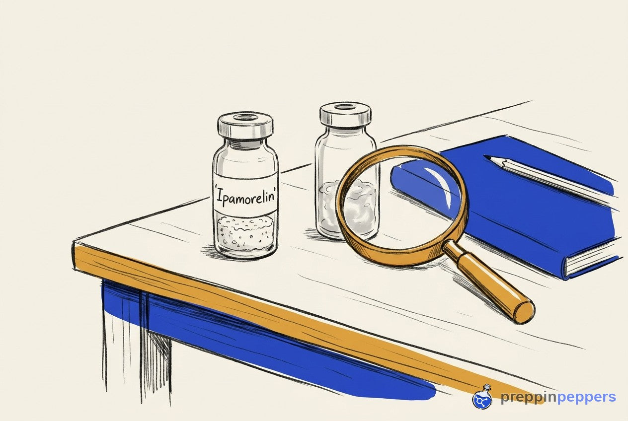 An Ipamorelin vial with white powder next to a cloudy unlabeled vial, a magnifying glass, and a notebook.