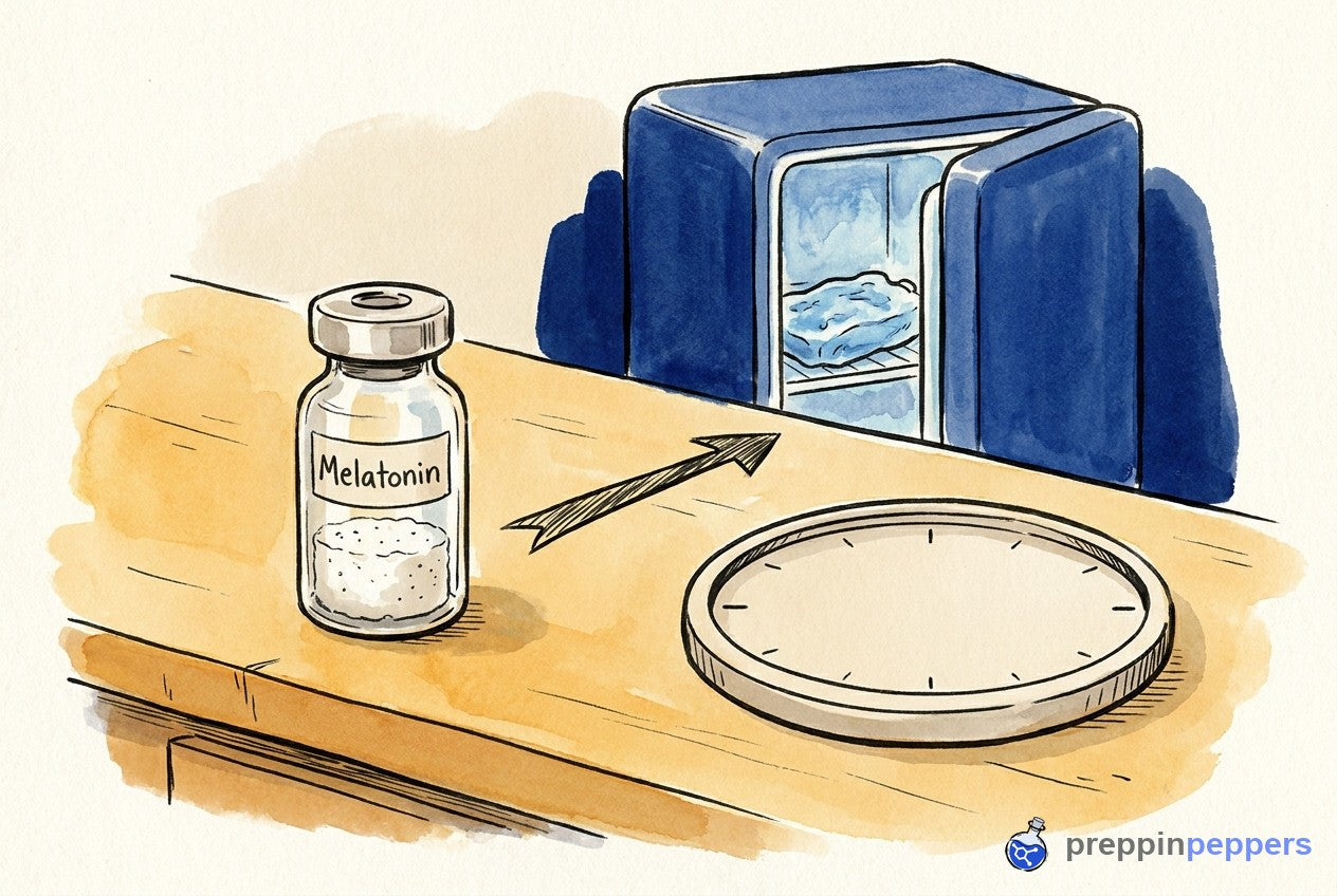 A Melatonin vial on a lab bench next to a blank clock and an arrow pointing to a small fridge.