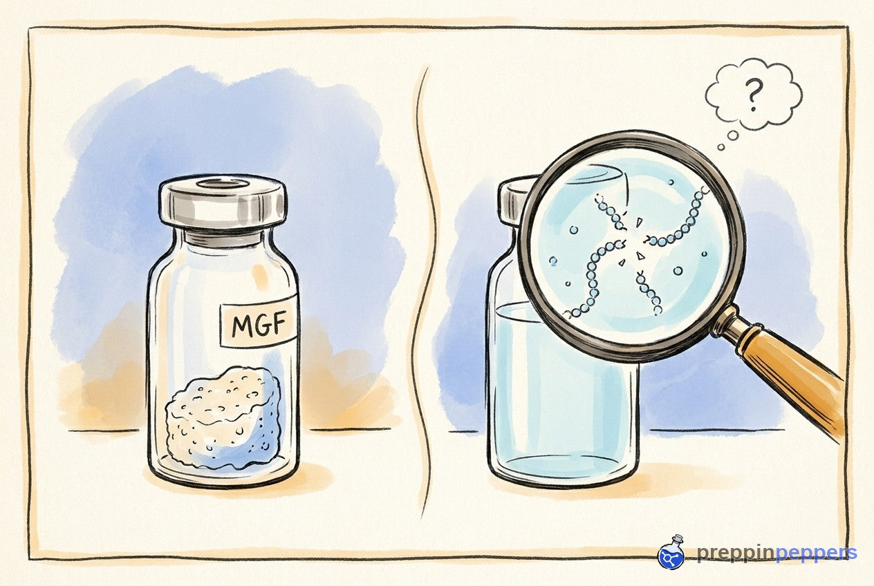 An MGF vial next to a clear liquid vial where a magnifying glass reveals a broken beaded chain, showing silent degradation.