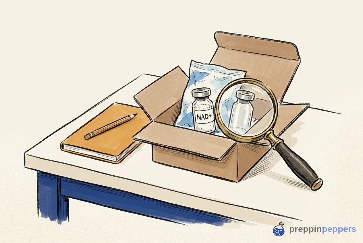 An open shipping box on a lab bench holds an NAD+ vial and an unlabeled vial next to a magnifying glass.