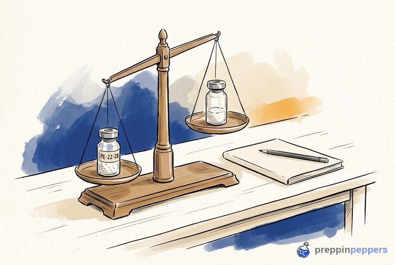 A balance scale on a lab bench holds a labeled PE-22-28 vial on one side and an unlabeled vial on the other, tilted unevenly.