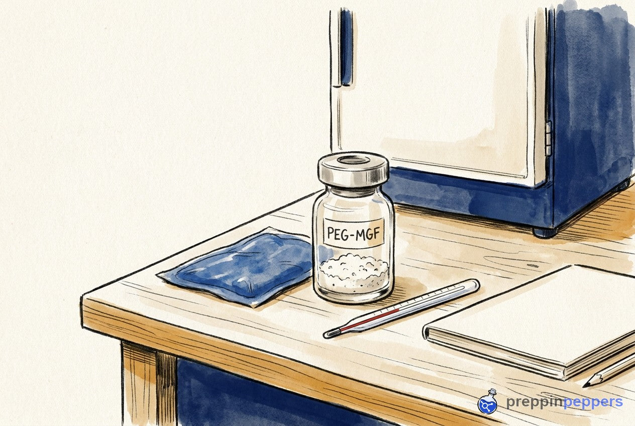 A labeled PEG-MGF vial with white powder sits on a lab bench next to an ice pack, thermometer, and a lab fridge.