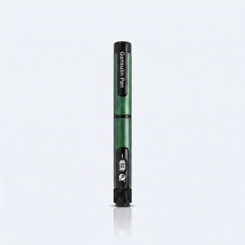 Gansulin pen standing vertical on a pale studio surface with a soft reflection