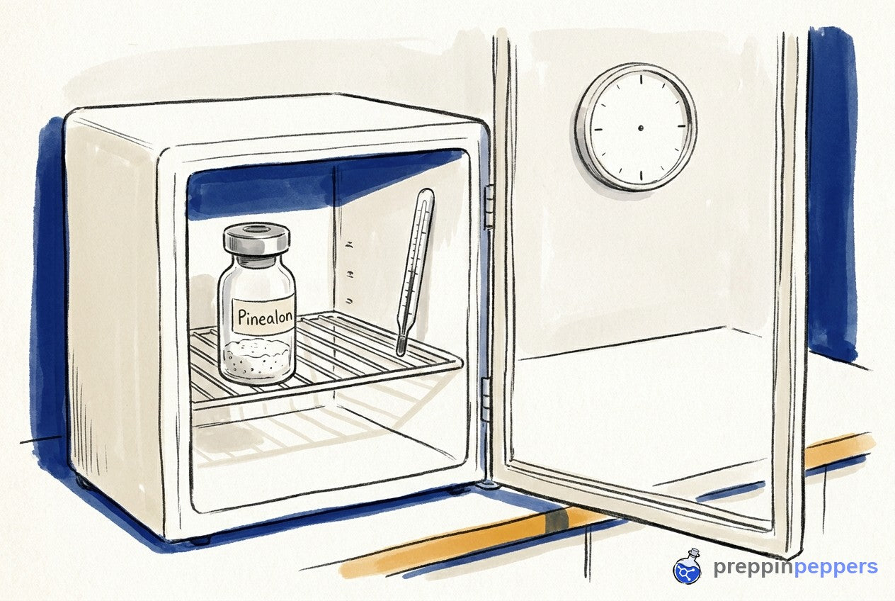 A labeled Pinealon vial and thermometer inside a small lab fridge, with a blank wall clock in the background.