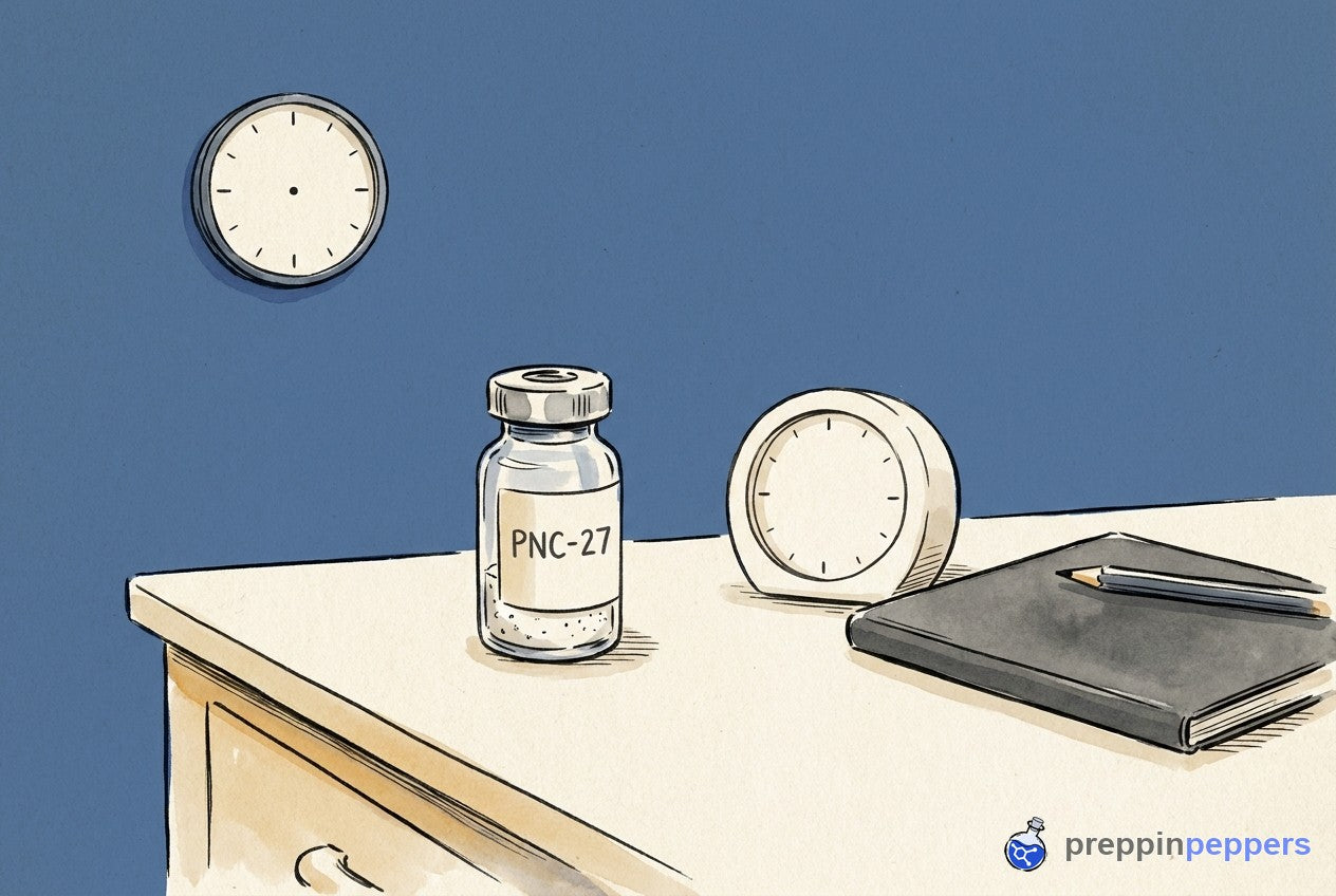 A PNC-27 vial sits on a lab bench next to a blank timer and notebook under a blank wall clock.