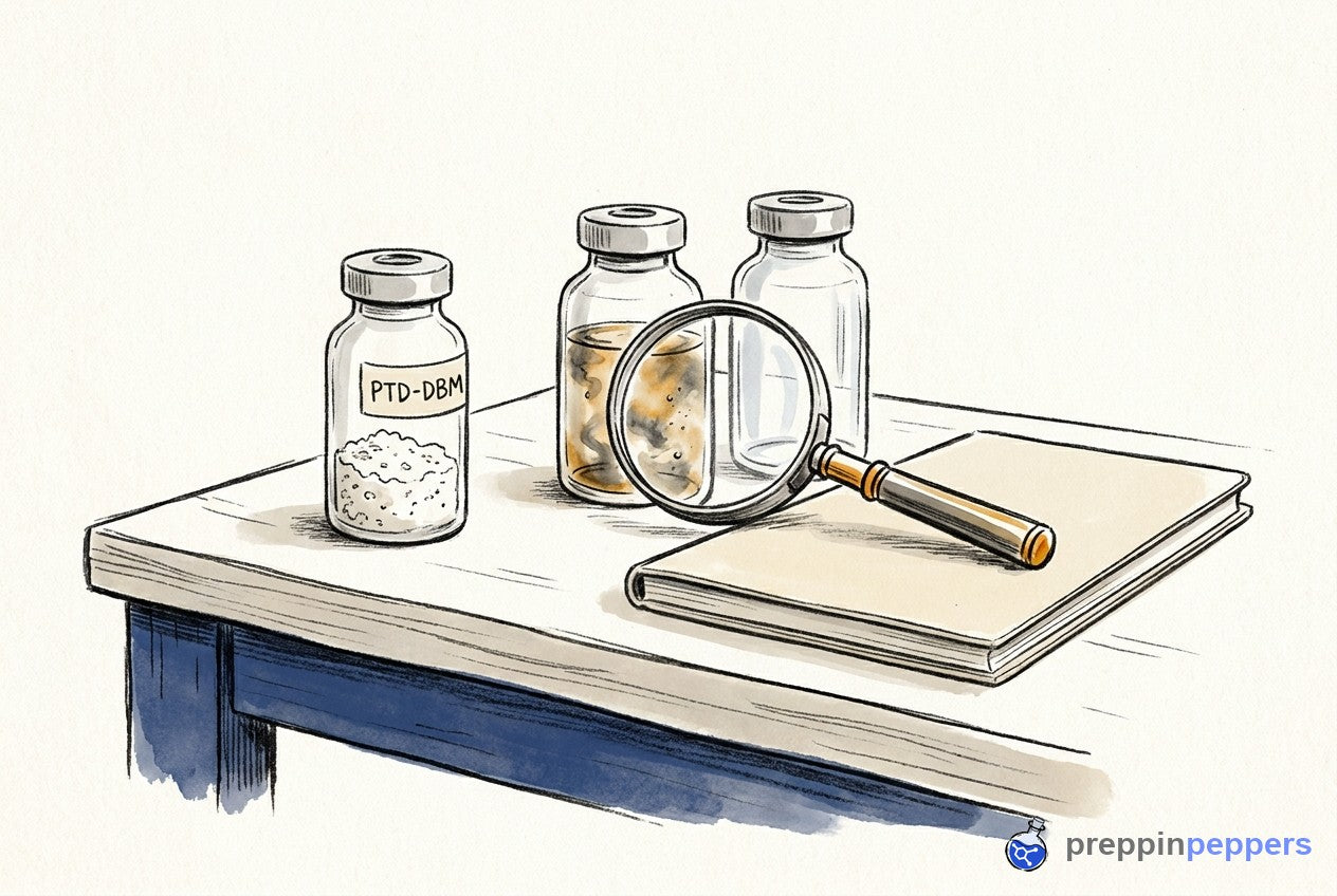 A labeled PTD-DBM powder vial next to two glass vials, one clear and one cloudy, under a magnifying glass.