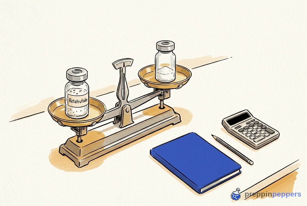 An uneven balance scale holds a labeled Retatrutide vial and an unlabeled vial next to a calculator and notebook.