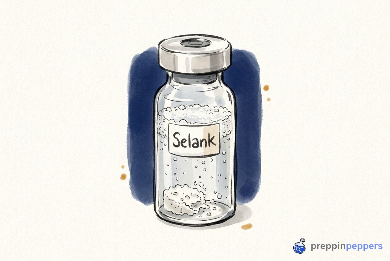 A glass vial labeled 'Selank' filled with liquid and topped with a thick layer of delicate, damaging foam.