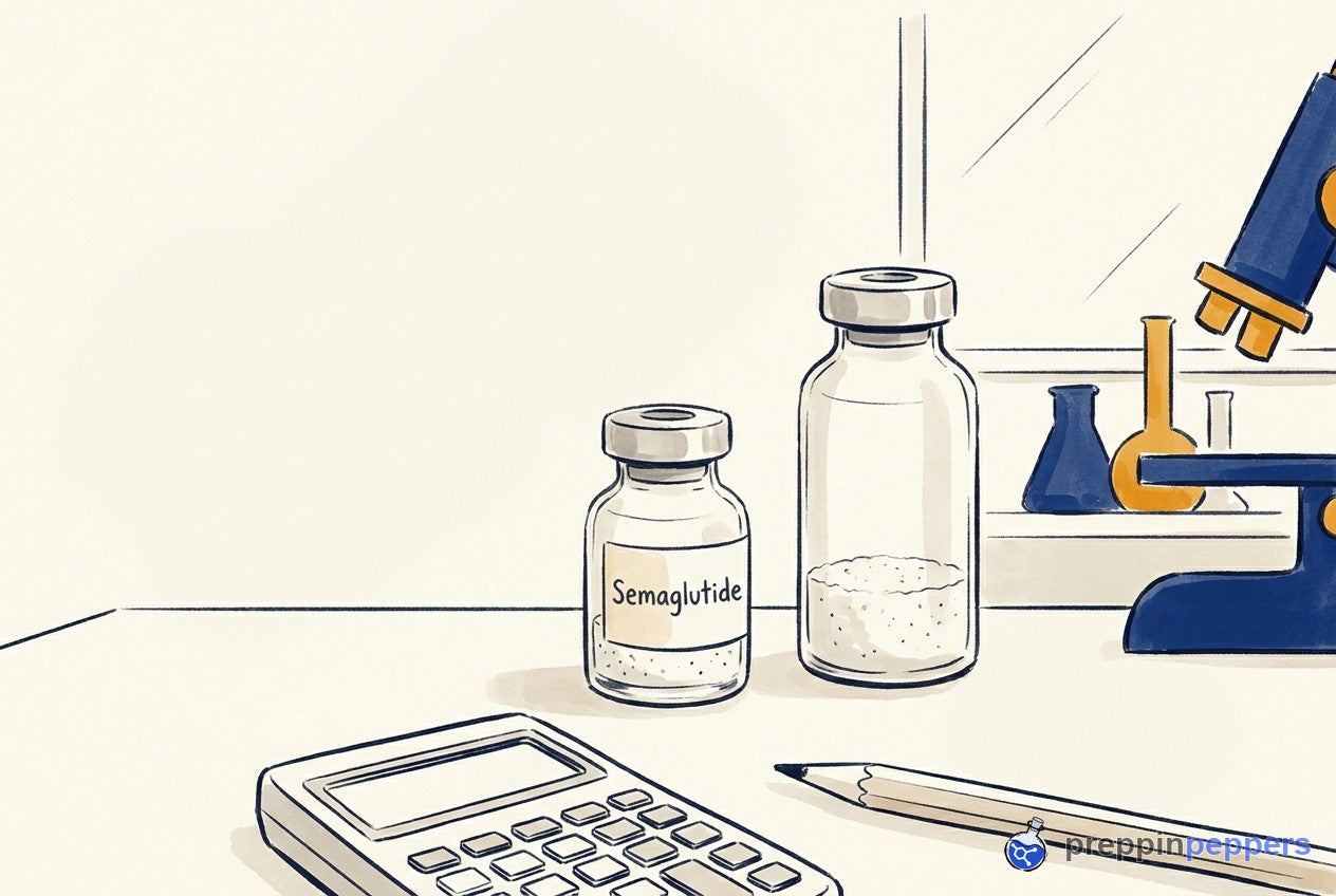 Two glass vials of different sizes, one labeled Semaglutide, next to a blank calculator and a pencil on a lab bench.