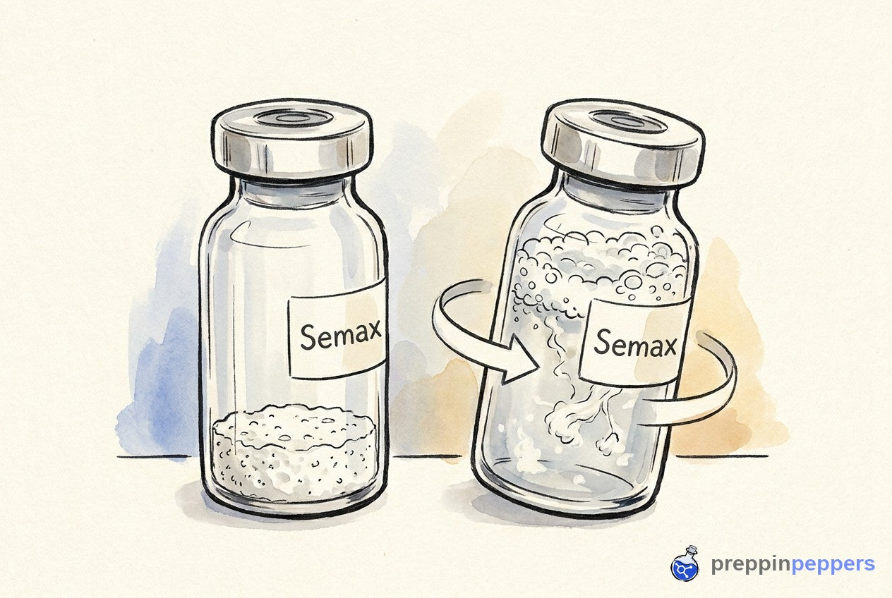 Side-by-side Semax vials comparing a pristine dry powder cake to a shaken, ruined vial filled with foam and clumps.
