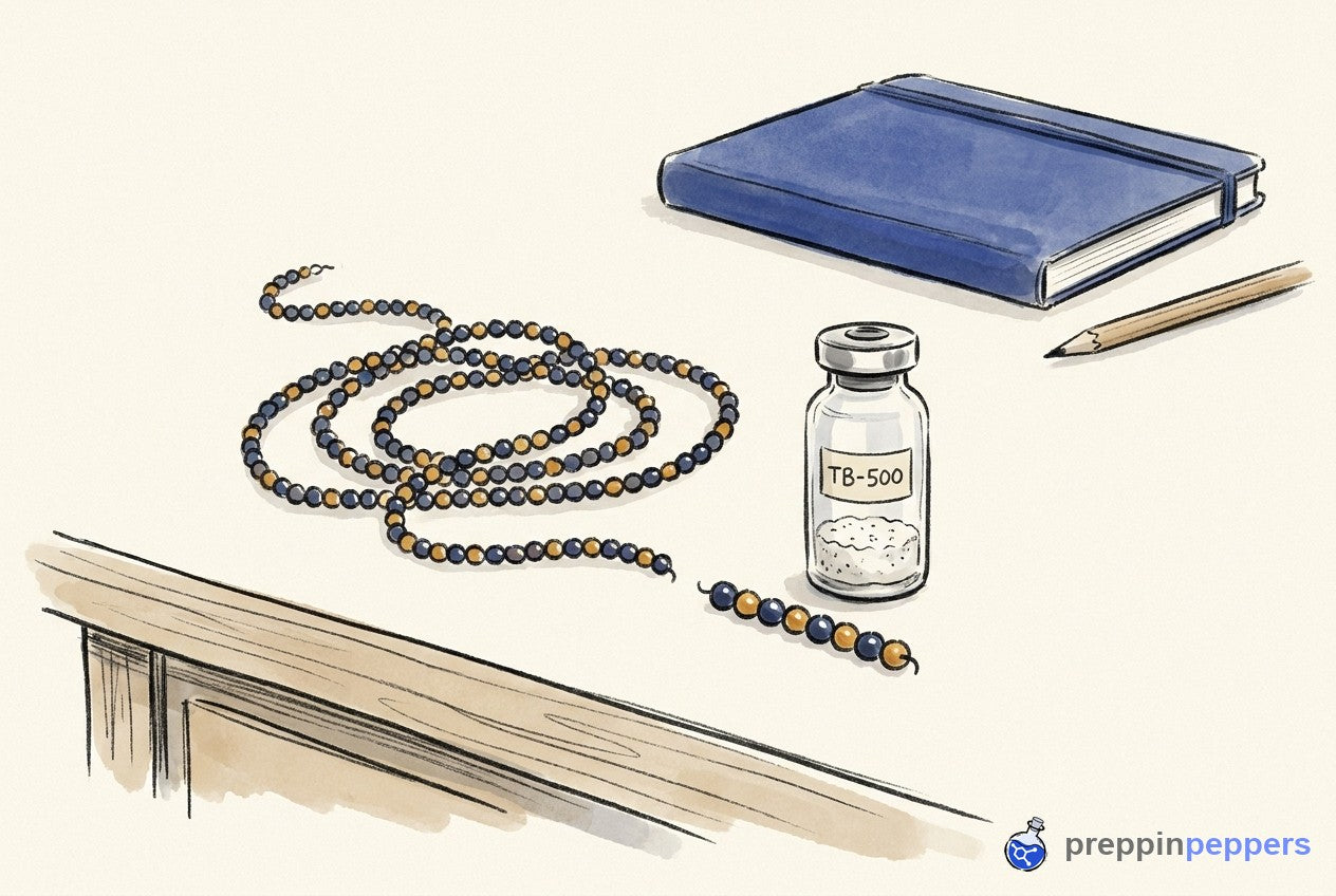 A vial labeled TB-500 next to a long beaded chain with a small seven-bead segment detached on a lab bench.